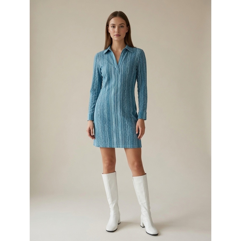 Free People Vintage 70s Mod Style Blue Striped Rayon Mini Dress Large